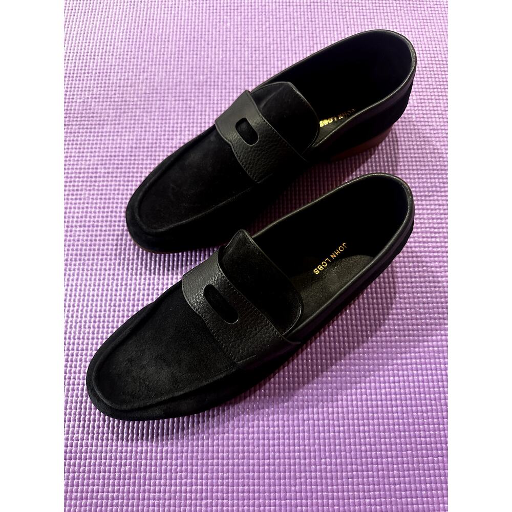 New JOHN LOBB Mens Black Loafers Suede Penny Leather Size 6.5 UK, 7.5 US Shoes